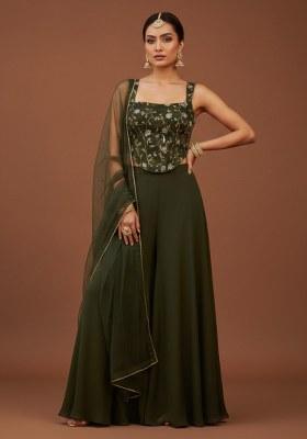 Dark Green Embroidered Silk Fusion Set