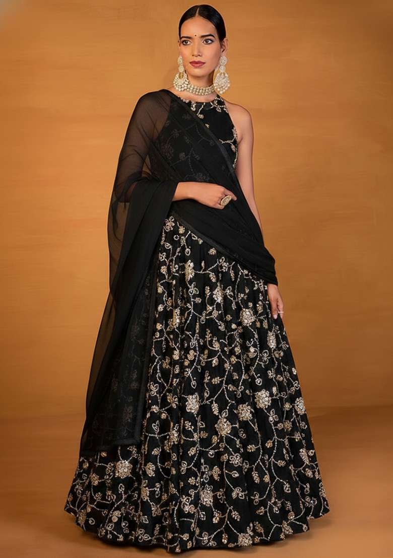 Black Embroidered Silk Blend Lehenga Set - Indya