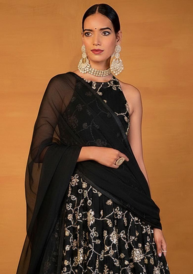 Black Embroidered Silk Lehenga Set - Indya