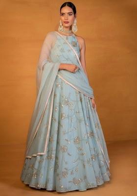 Blue Embroidered Silk Lehenga Set