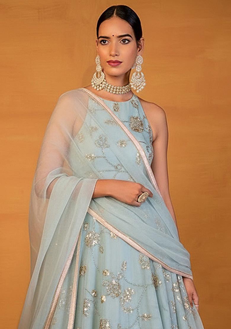 Blue Embroidered Silk Lehenga Set - Indya