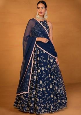 Dark Blue Embroidered Silk Lehenga Set