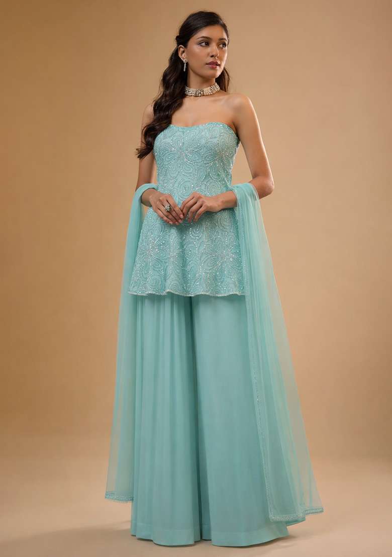 Blue Embroidered Chinon Sharara Set - Indya
