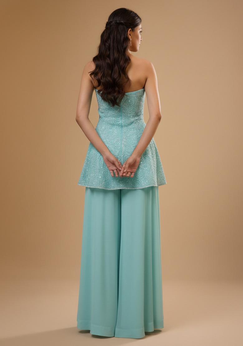 Blue Embroidered Chinon Sharara Set - Indya