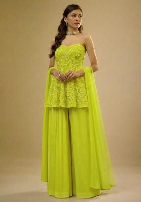 Yellow Embroidered Chinon Sharara Set