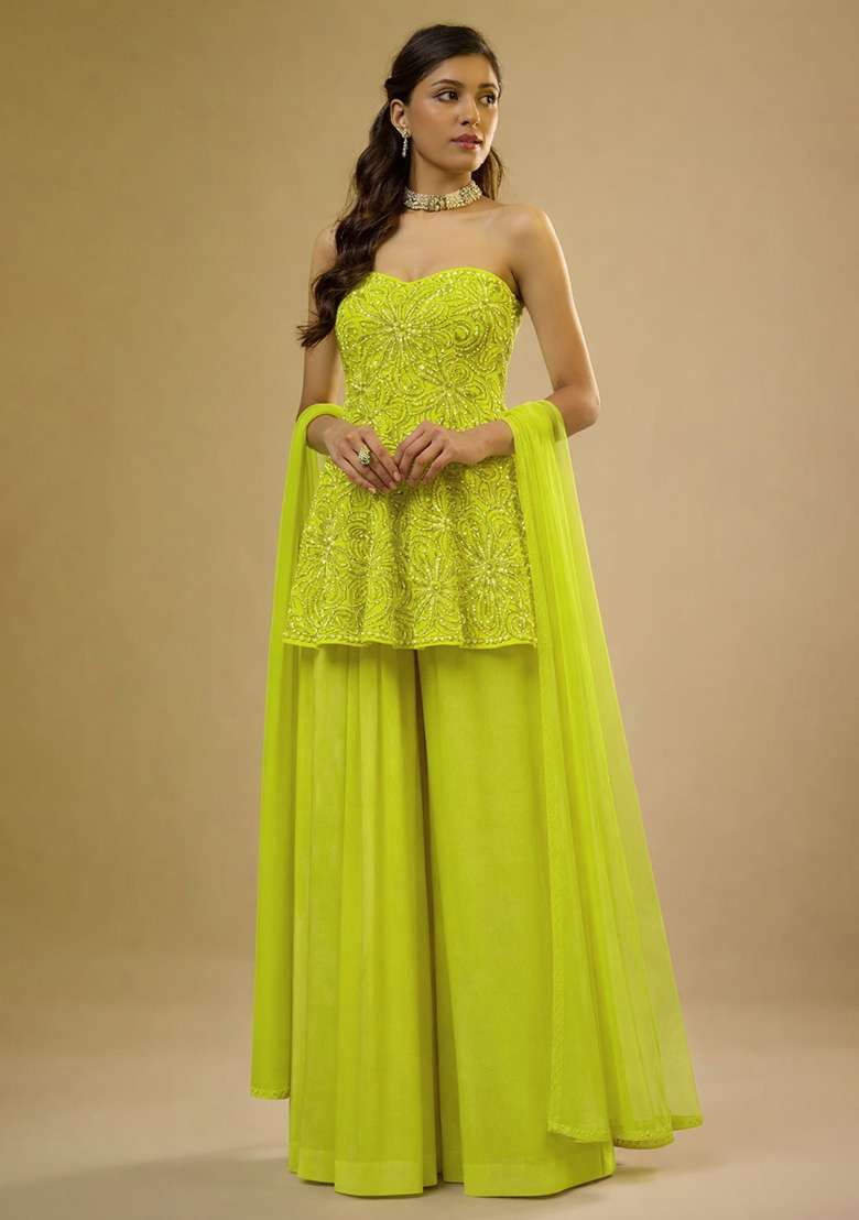 Yellow Embroidered Chinon Sharara Set - Indya