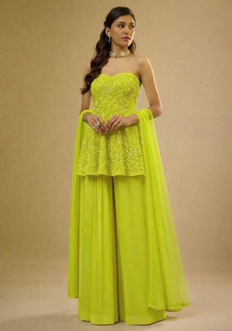 Yellow Embroidered Chinon Sharara Set