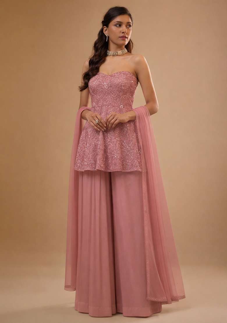 Pink Embroidered Chinon Sharara Set - Indya