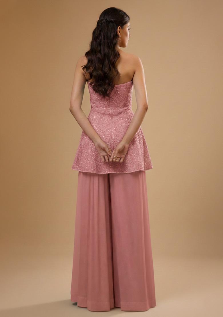 Pink Embroidered Chinon Sharara Set - Indya