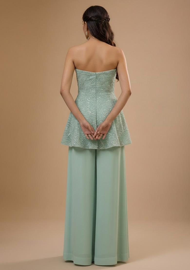 Mint Green Embroidered Chinon Sharara Set - Indya