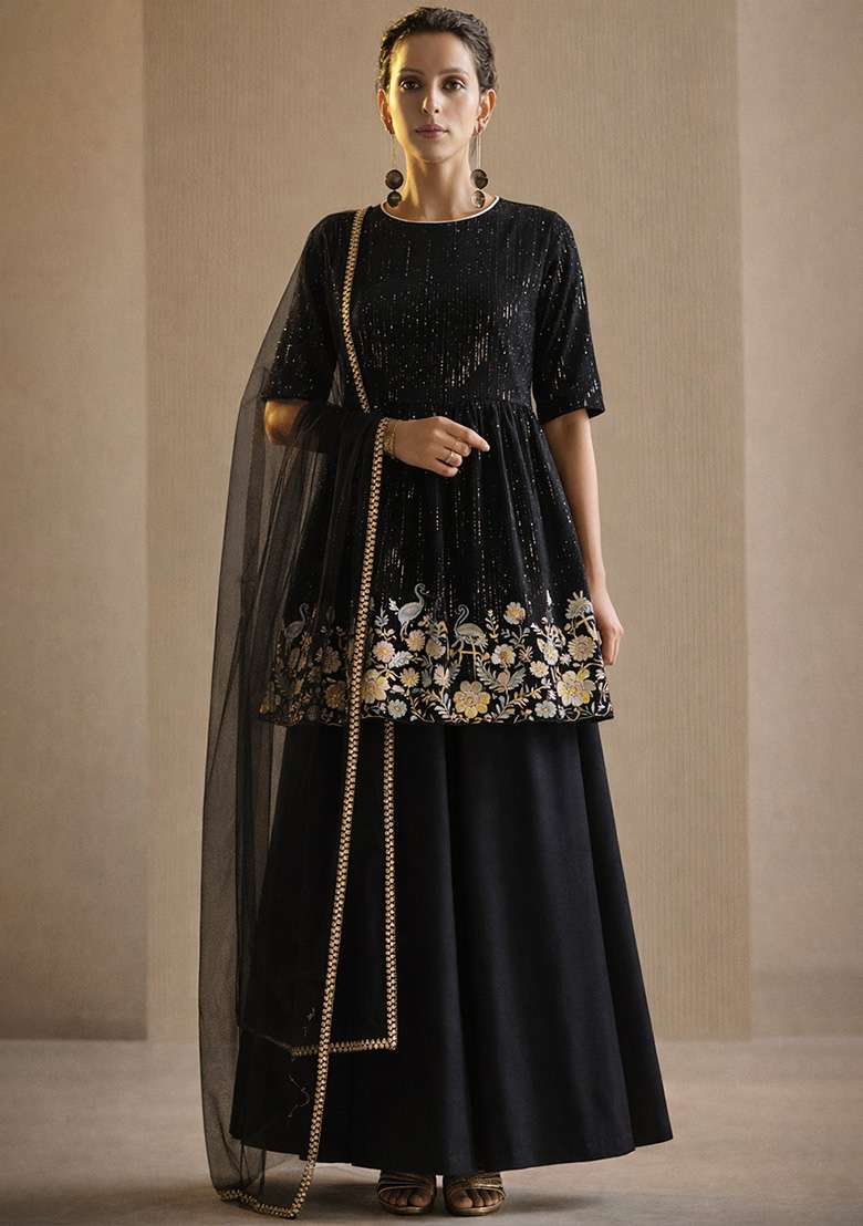 Black Embroidered Silk Sharara Set - Indya