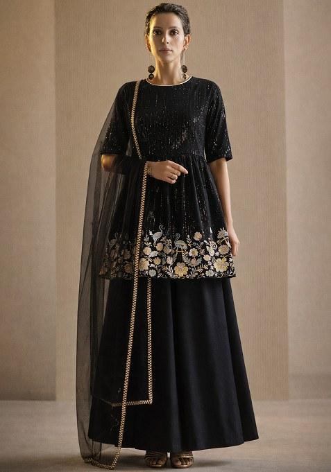 Black Embroidered Silk Sharara Set