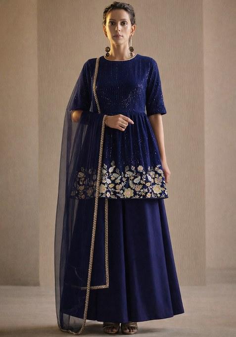Navy Blue Embroidered Silk Sharara Set