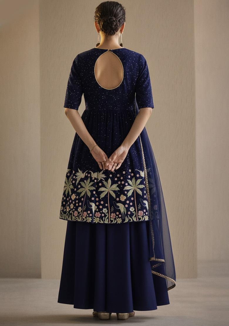 Dark Blue Embroidered Silk Sharara Set - Indya