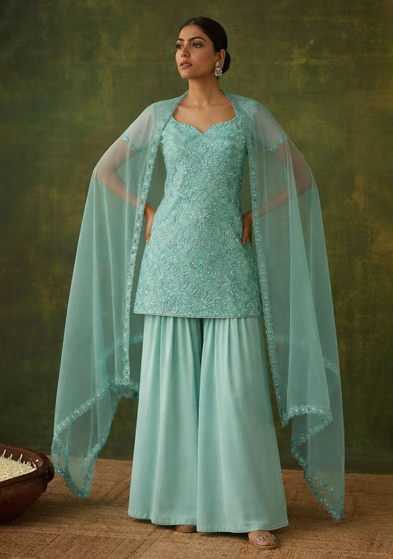 Blue Embroidered Chinon Sharara Set - Indya
