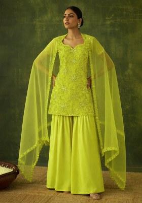 Yellow Embroidered Chinon Sharara Set