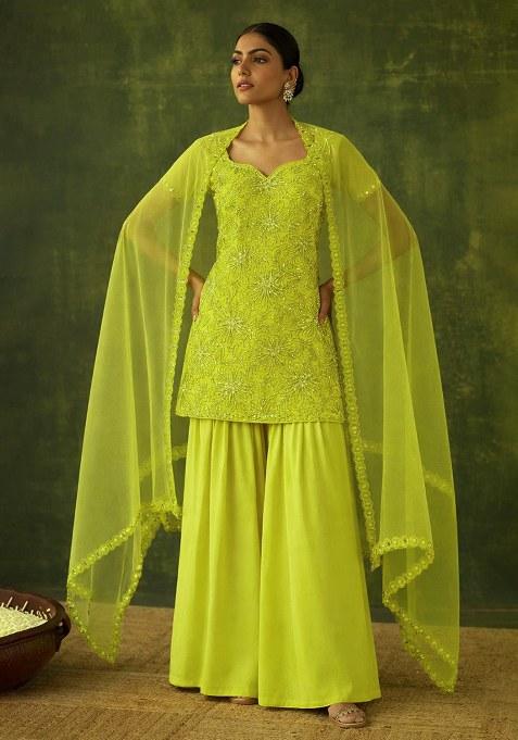 Yellow Embroidered Chinon Sharara Set