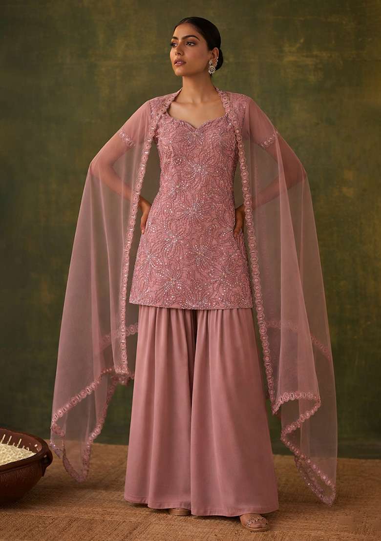 Pink Embroidered Chinon Sharara Set - Indya