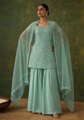 Blue Embroidered Chinon Sharara Set