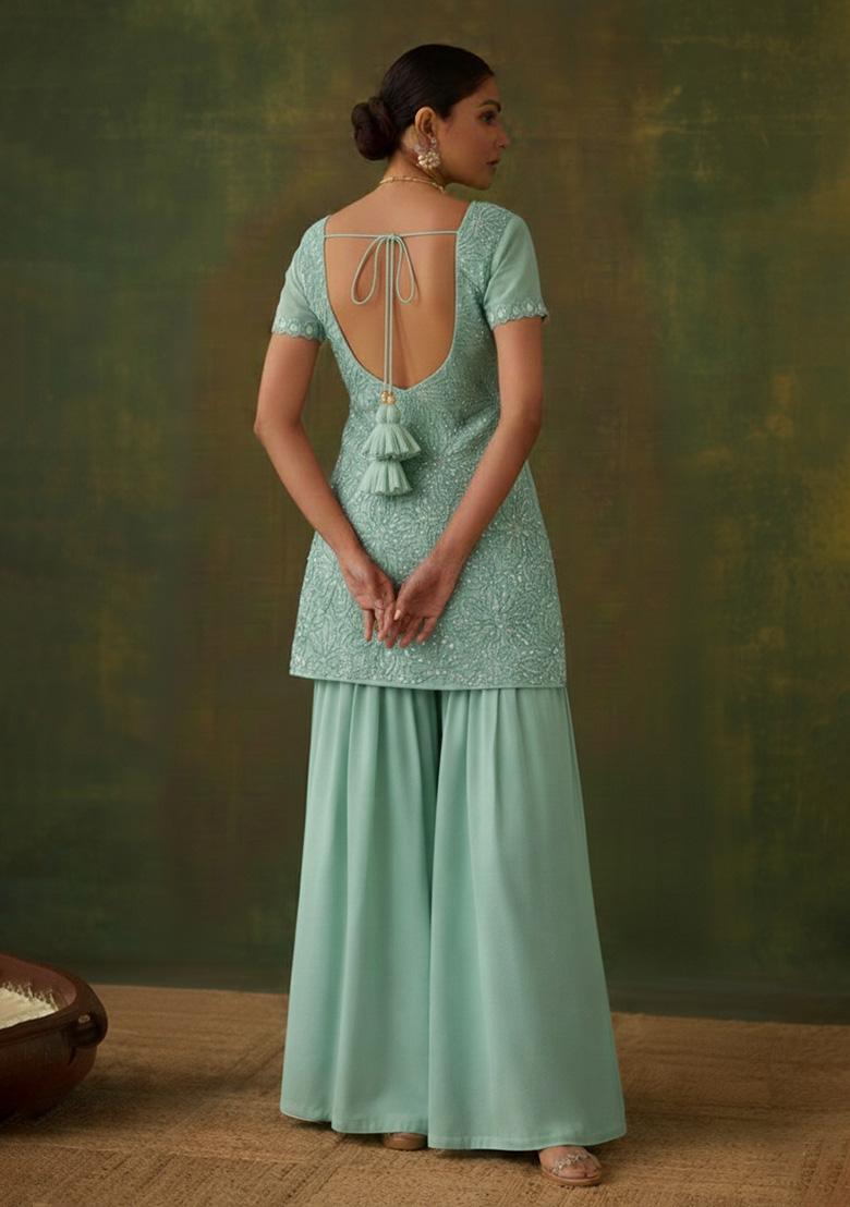 Blue Embroidered Chinon Sharara Set - Indya