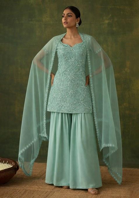 Blue Embroidered Chinon Sharara Set