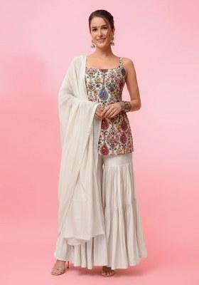Cream Embroidery Blouse Crepe Sharara Set