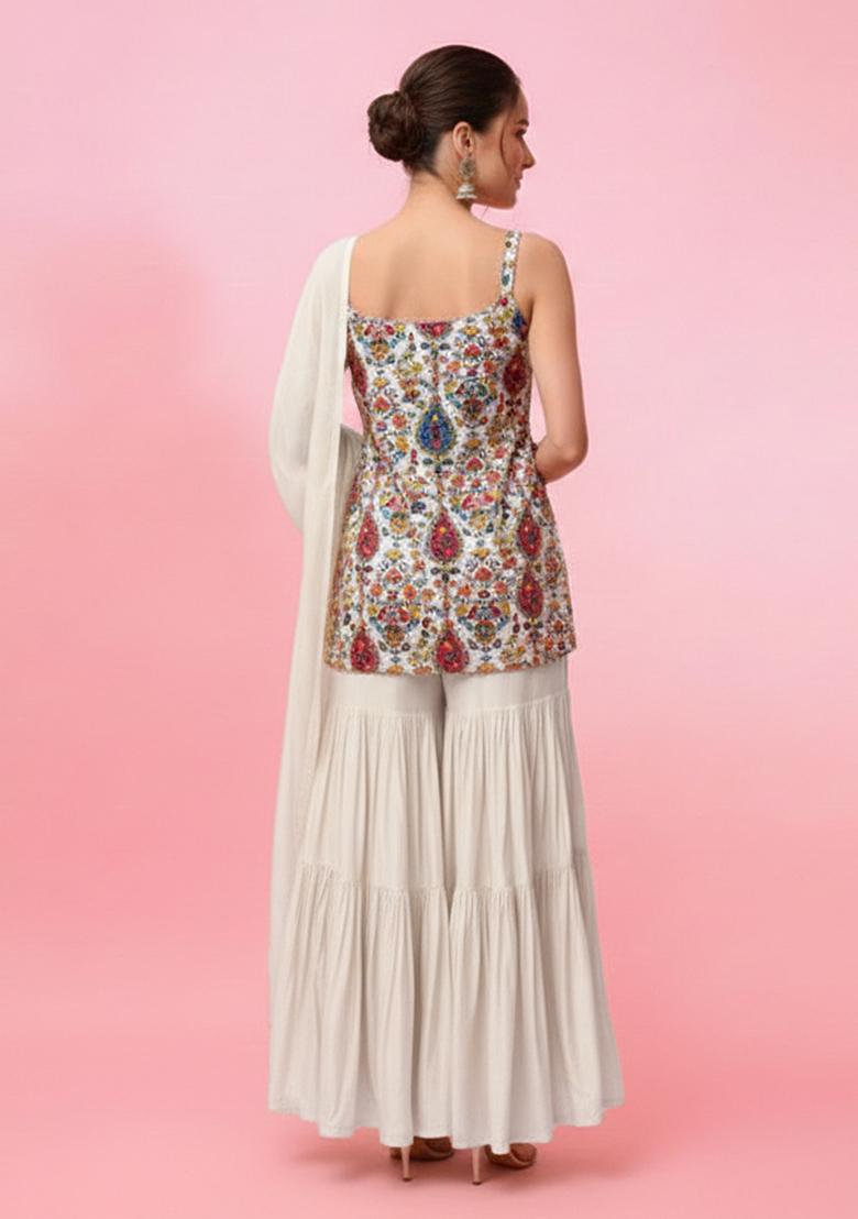 Cream Embroidery Blouse Crepe Sharara Set - Indya