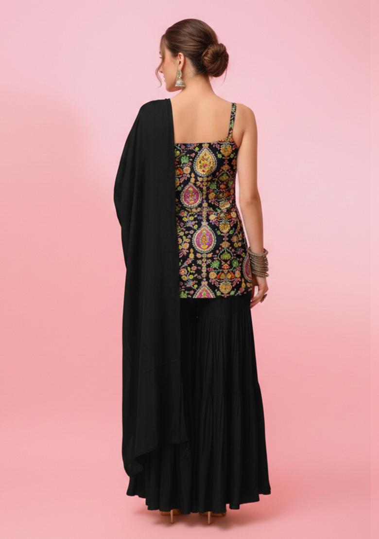 Black Embroidery Blouse Crepe Sharara Set - Indya