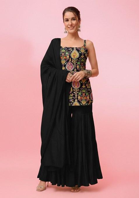 Black Embroidery Crepe Sharara Set