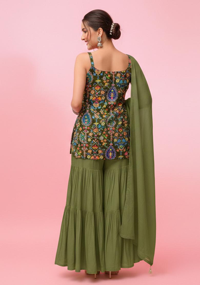 Olive Green Embroidery Blouse Crepe Sharara Set - Indya