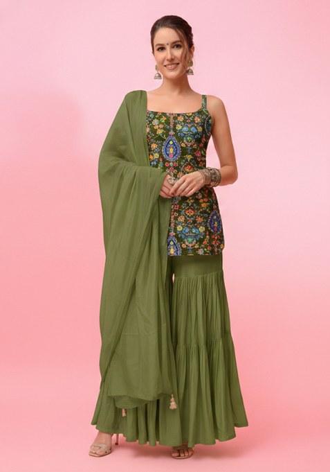 Olive Green Embroidery Crepe Sharara Set