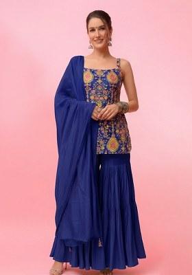 Navy Embroidery Blouse Crepe Sharara Set