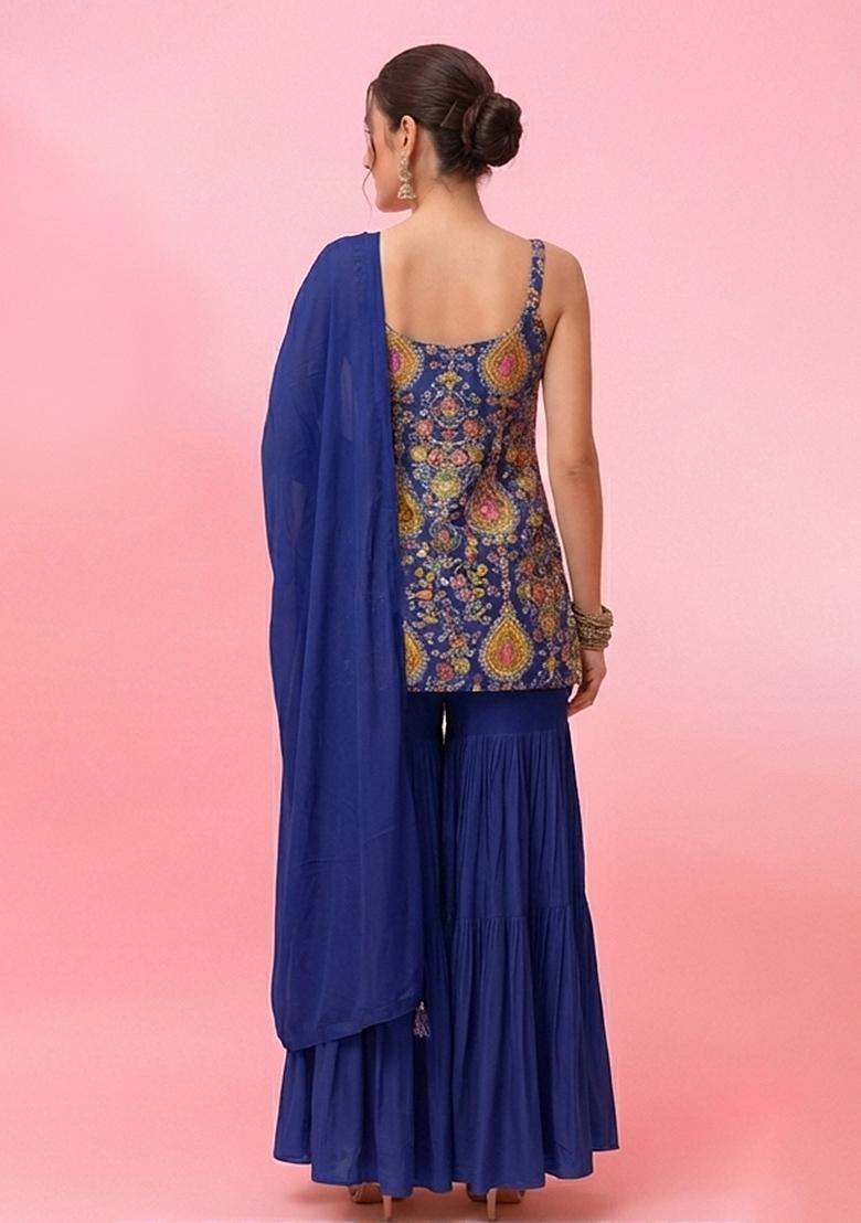 Navy Embroidery Blouse Crepe Sharara Set - Indya