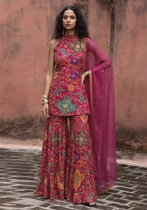 Fuchsia Pink Embroidery Crepe Sharara Set