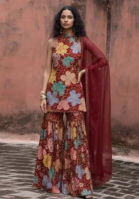 Burgundy Embroidery Blouse Crepe Sharara Set
