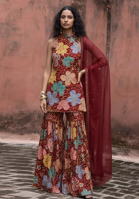 Burgundy Embroidery Crepe Sharara Set