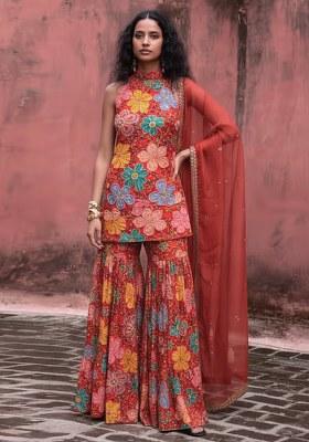 Bright Red Embroidery Blouse Crepe Sharara Set