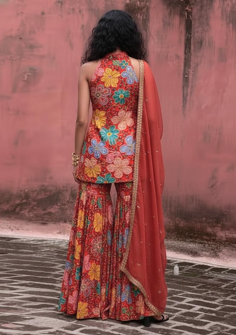 Bright Red Embroidery Blouse Crepe Sharara Set - Indya