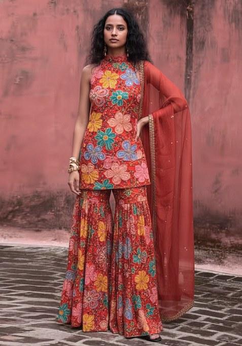Bright Red Embroidery Crepe Sharara Set