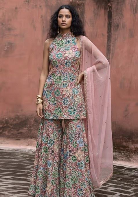 Soft Pink Embroidery Crepe Sharara Set
