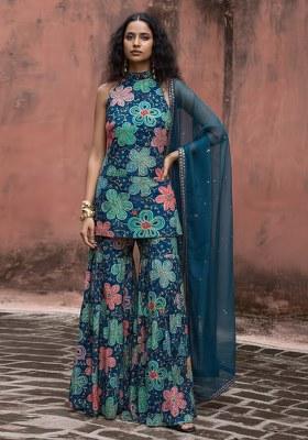Navy Blue Embroidery Blouse Crepe Sharara Set