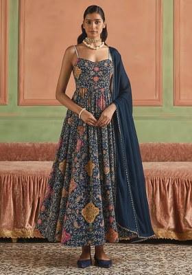 Navy Blue Embroidery Blouse Crepe Anarkali Set