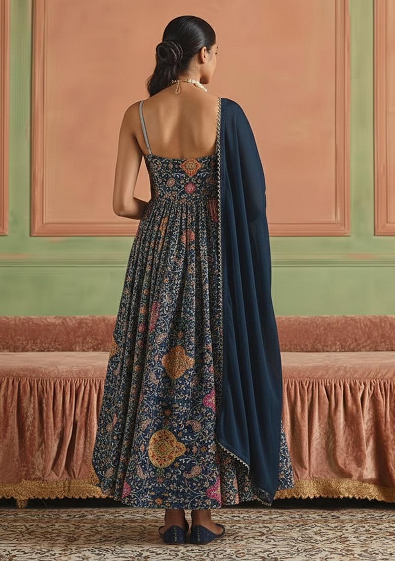 Navy Blue Embroidery Blouse Crepe Anarkali Set - Indya