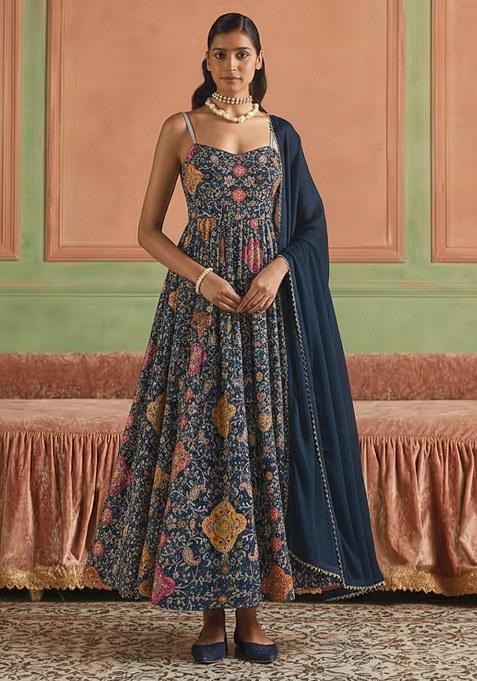 Navy Blue Embroidery Crepe Anarkali Set