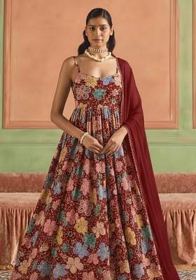 Burgundy Embroidery Blouse Crepe Anarkali Set