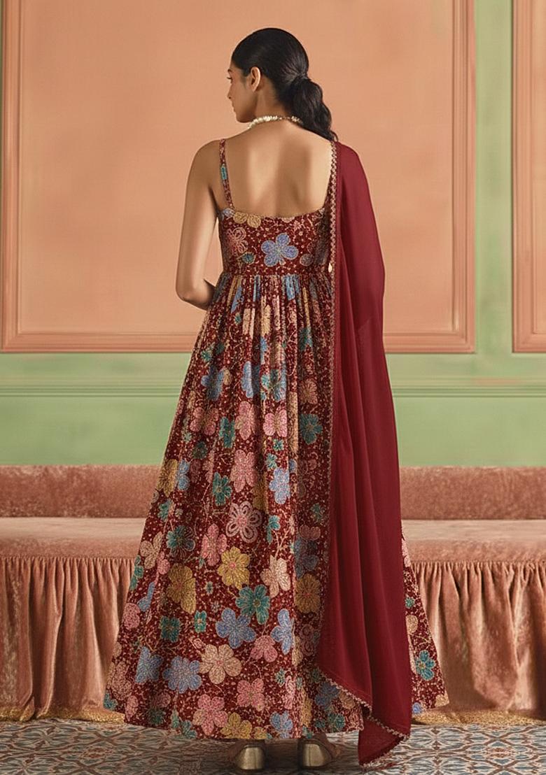 Burgundy Embroidery Blouse Crepe Anarkali Set - Indya