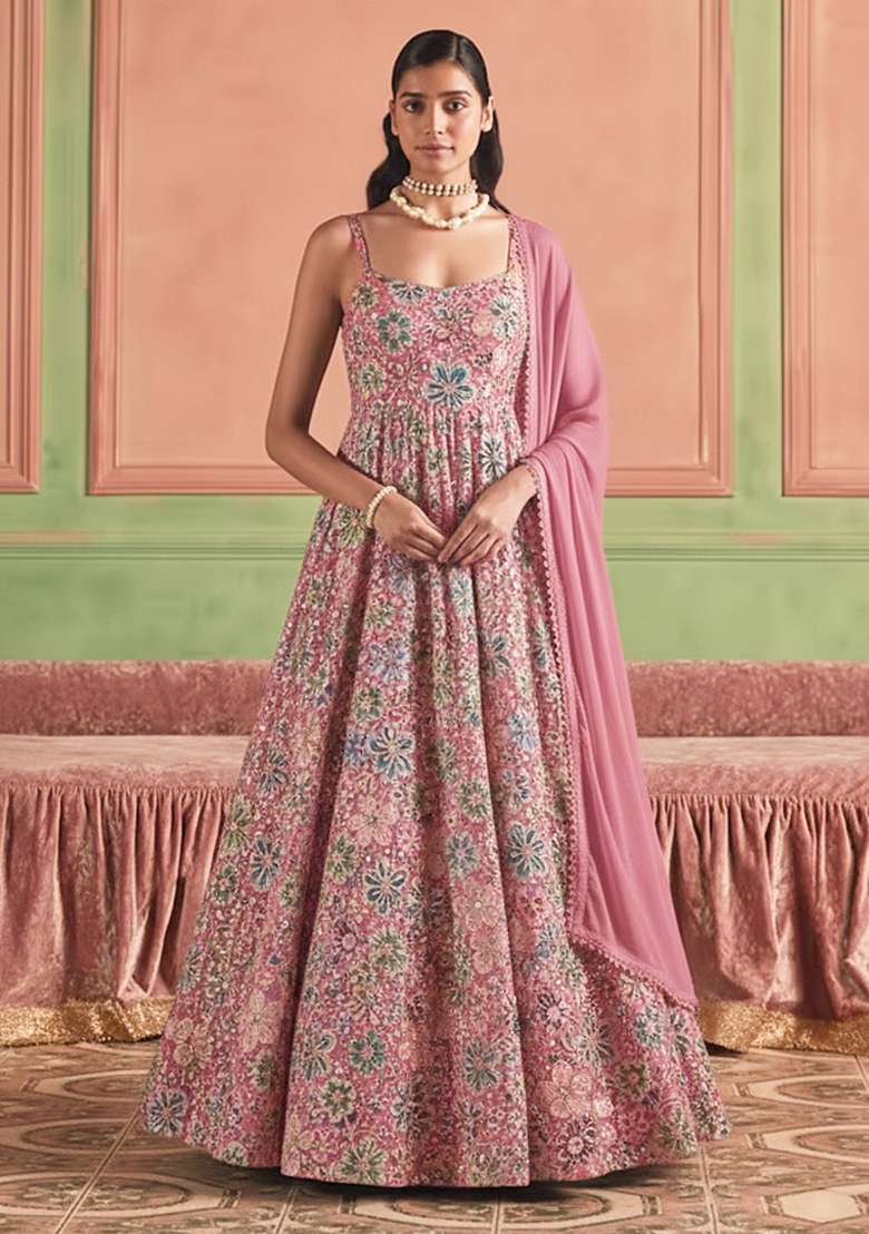 Multicolor Embroidery Blouse Crepe Anarkali Set - Indya