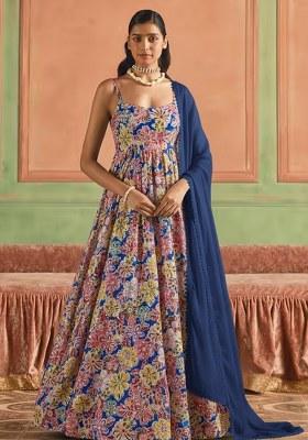 Multicolor Embroidery Blouse Crepe Anarkali Set