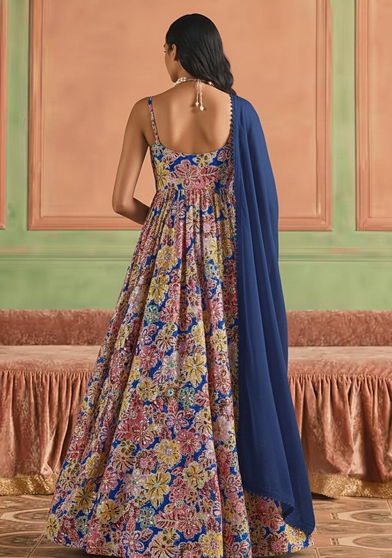 Multicolor Embroidery Blouse Crepe Anarkali Set - Indya