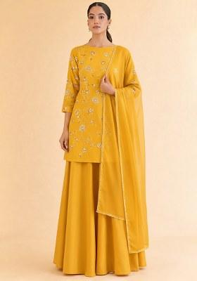 Mustard Floral Embroidery Silk Sharara Set